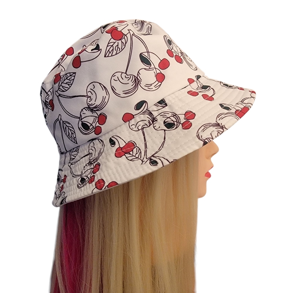 New CHERRY Bucket Summer Hat Reversible White